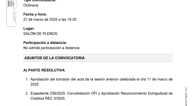 Convocatoria a Pleno sesión ordinaria, jueves 27 de marzo a las 19:30h
